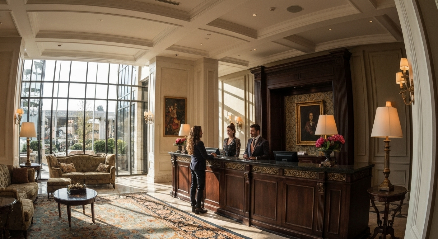 Luxury hotel lobby with guests